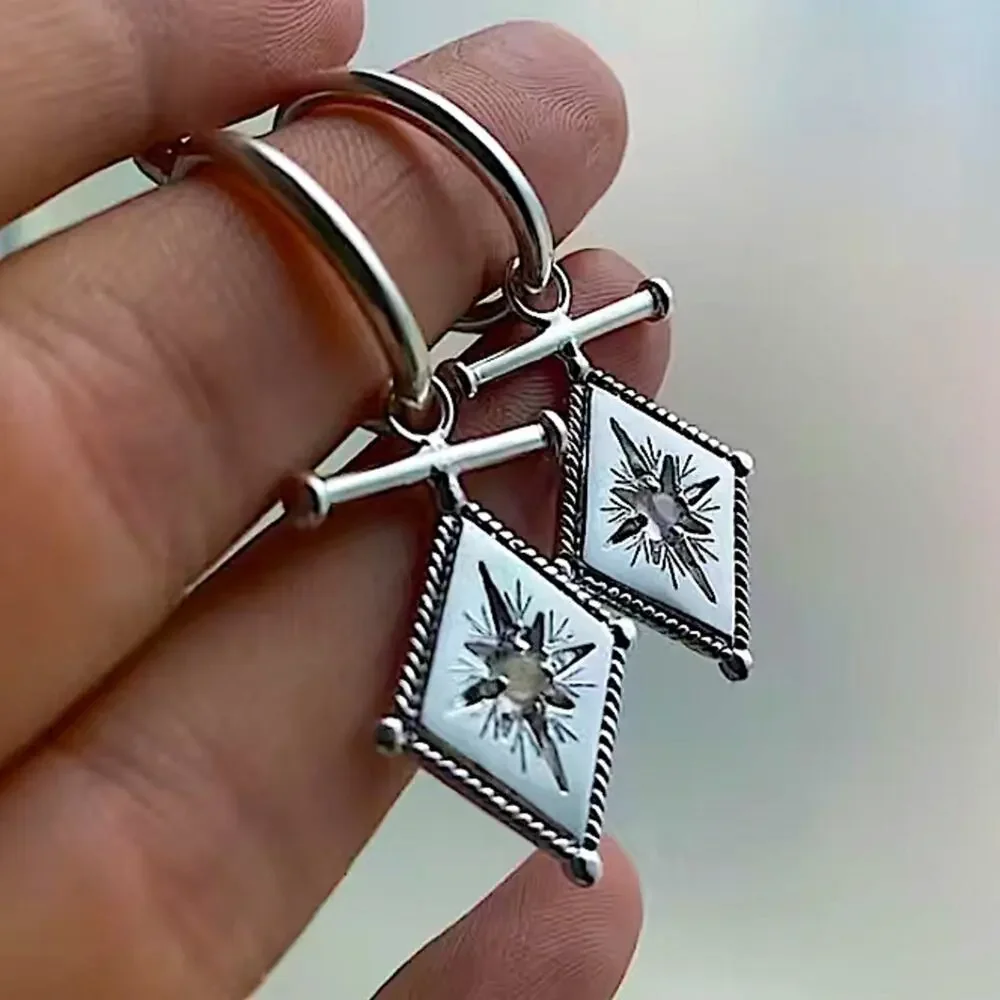 Silver North Star Starburst Zircon Dangle Drop Earrings